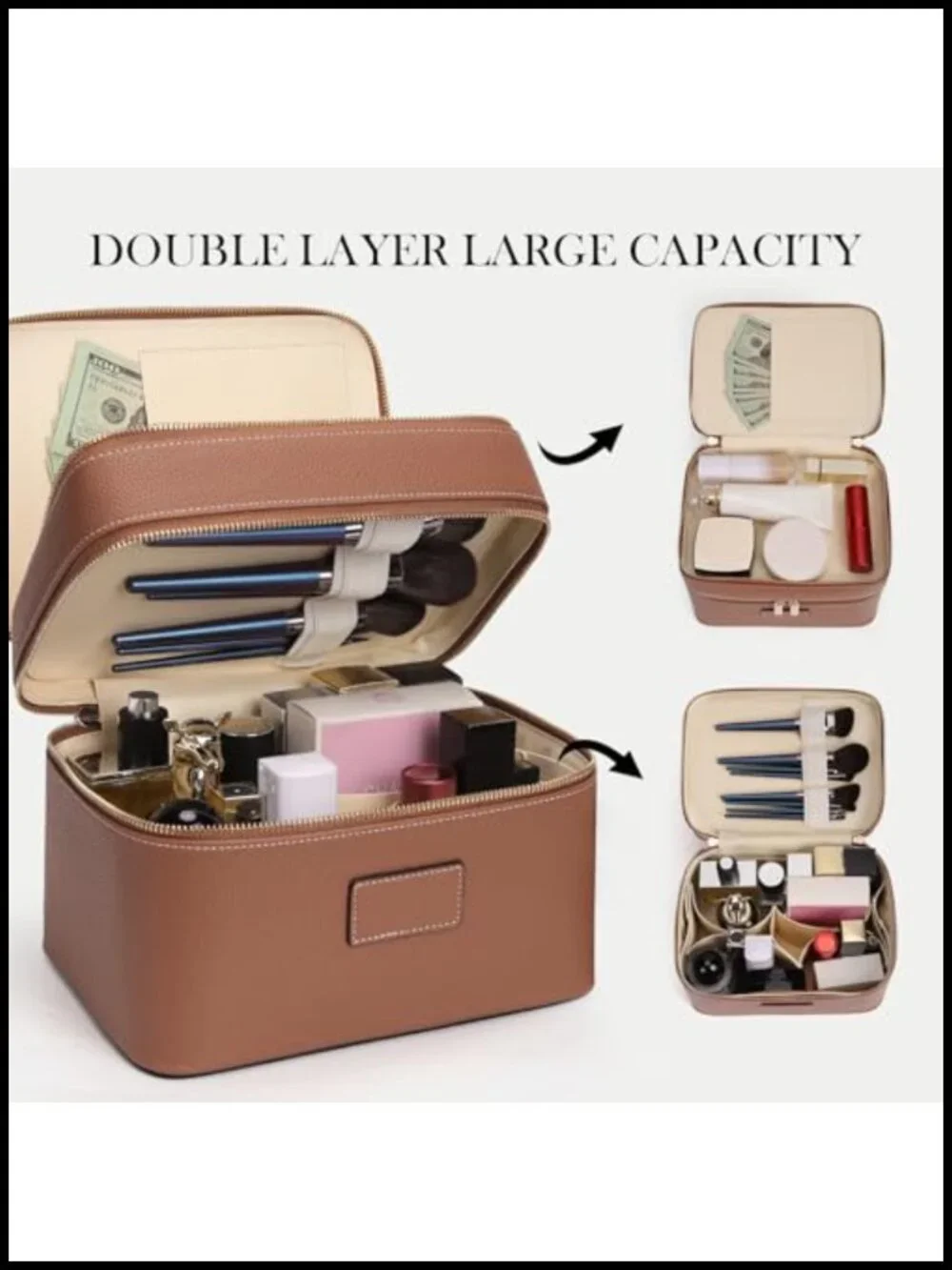 Large Makeup Bag Duo Vanity Case for Women Leather Makeup Case Travel Toiletry